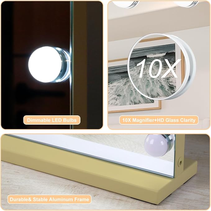Moonee Vanity Mirror with Lights, Gold Hollywood Lighted Makeup Mirror with 15 Dimmable Bulbs and 10X Magnification, 3 Colors Modes, Aluminum Metal Frame, Light Up Mirror for Tabletop/Wall（23" x 18"）