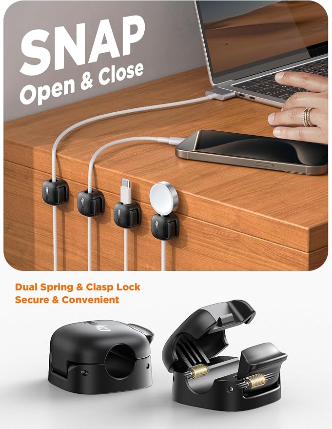 6Pack Cord Organizer, Chfeila Spring Cable Clips [1s Lock] Cable Management, Cute Cord Holder for Nightstand Home Office Desk Accessories Women Men,Girls Guys College Dorm Room Essentials Decor, Black