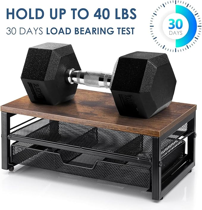 ARCOBIS Monitor Riser with Drawers and Pen Holders | Wood & Mesh Metal Computer Monitor Stand with Storage for Desk, Rustic Brown