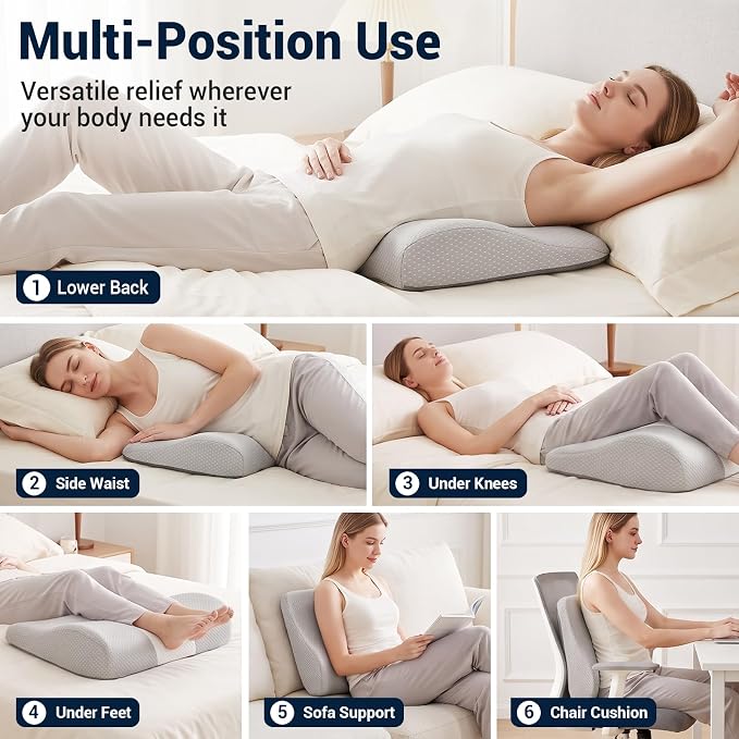 Memory Foam Lumbar Support Pillow for Bed with Ergonomic Wedge Design | Non-slip lower back pillow Back Pain Relief Cushion with Removable cover Elevated Lower Back Pillow for side, back Sleepers