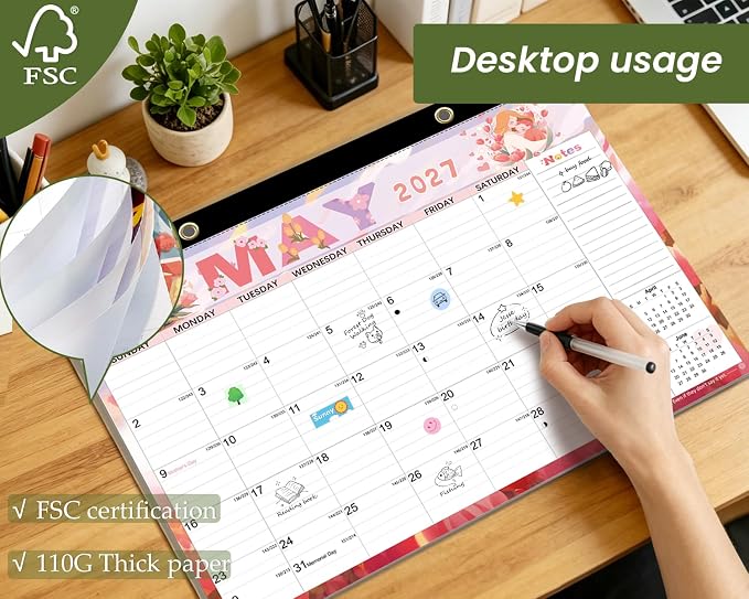AECCN Desk Calendar 2026-2027, 18 Months Calendar, 17" x 11.4" Large Space, Anti Ink Bleed and Transparent Cover, Desktop Calendar with Stickers for Home & Office Planning-Colorful