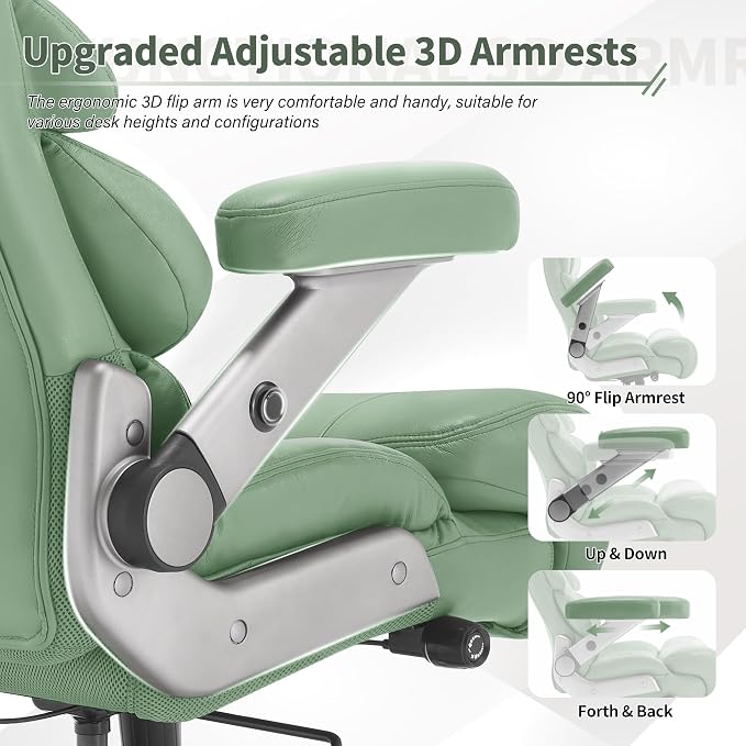 VUZI 700lbs Big and Tall Office Chair, Large Executive Leather Desk Chair | Adjustable Lumbar Support for Back Pain, Plus Size Wheels, 3D Flip Arms, Heavy Duty Metal Base, Wide Seat Computer Chair
