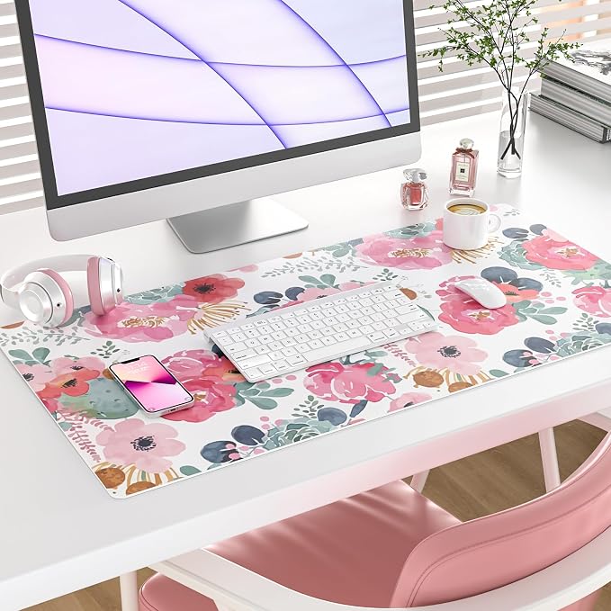 QIYI Large Mouse Pad, Pink Floral Desk Mat for Desktop, Women Girls PU Leather Waterproof Gaming Mousepad, Computer Laptop Desk Accessories Protector Writing Pads for School Office Home 31.5" x 15.7"