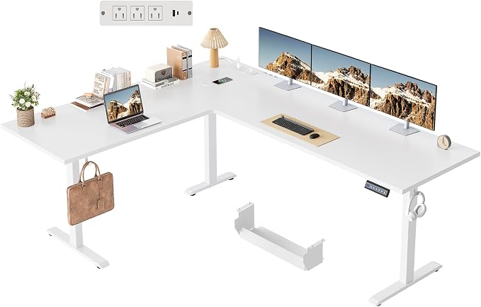 Klicelor L Shaped Standing Desk 75 x 61 Inch,Electric Height Adjustable Corner Desk with Cable Management & Power Outlets, Ergonomic Sit Stand Up Computer Table for Home Office,White