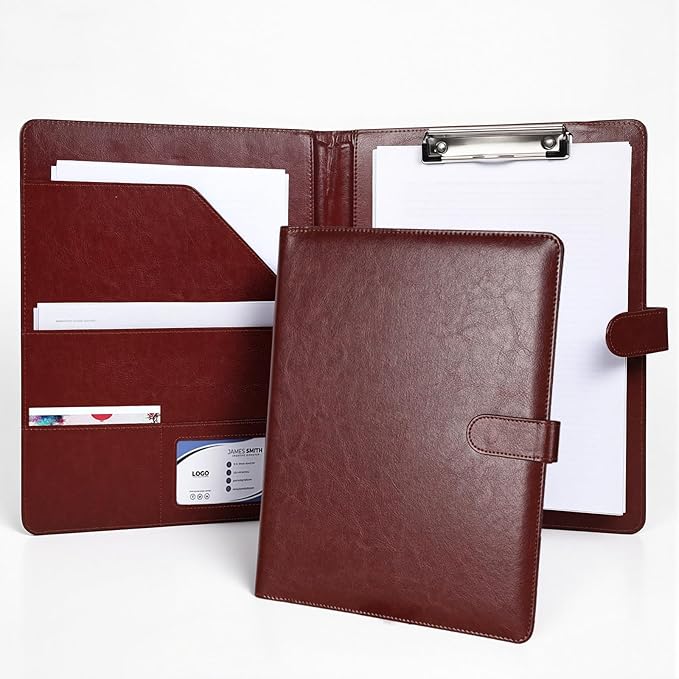 Professional Padfolio with Clipboard, Faux Leather Portfolio Folder Binder, Legal Pad Holder for A4 Letter Size Notepad, Resume, Writing Pad, Ideal Organizer for Business Office Conference (Brown)