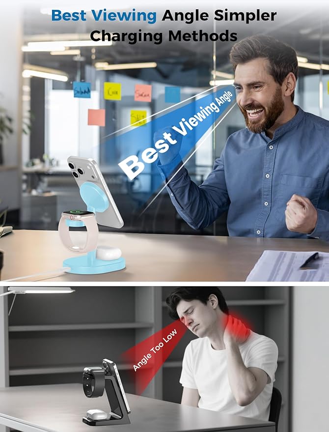 2026 3 in 1 Wireless Charging Station for Apple MagSafe Charger, 15W Fast Magnetic Mag-Safe Charger Stand for iPhone 17 16 15 14 13 12 Apple Watch AirPods Series, Gifts for Men (Ice Blue)