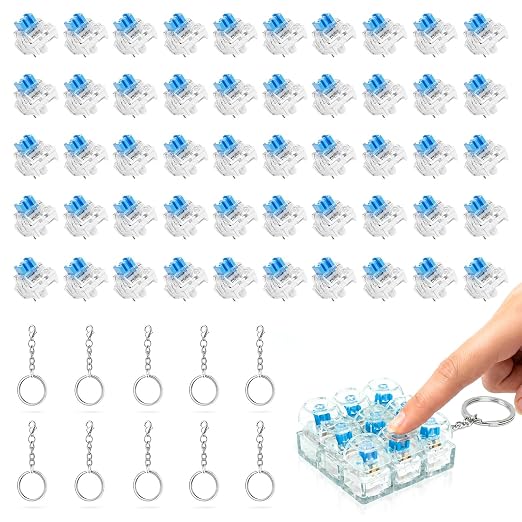 50PCS Keyboard Clickers for 3D Prints, Crisp Clicks, Strong Tactile Bump, Dustproof, 3-Pin Blue Mechanical Keyboard Switches for 3D Printed Clicker Fidget, Extra 10PCS Metal Keychain