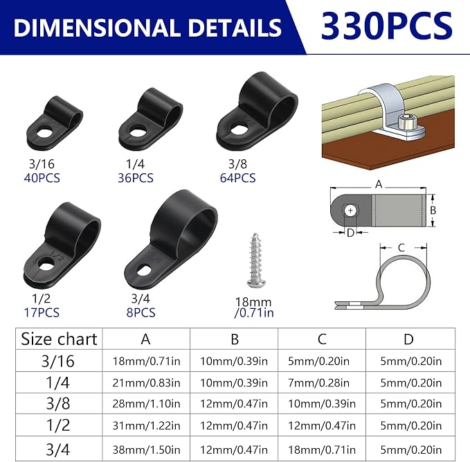 330 Pcs Black Cable Clips Wall, Plastic Wire Cable Clamps with Screws, R Nylon Wire Clips for CordsWire Clamps for Cables, cCable Management Clipss, for Organizing Electric Wires Cords(5 Sizes)