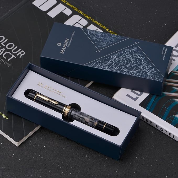 erofa Majohn P139 Fountain Pen Extra Fine Nib Brass Piston System Large Capacity Writing Pen with Box, Gray Marble Acrylic