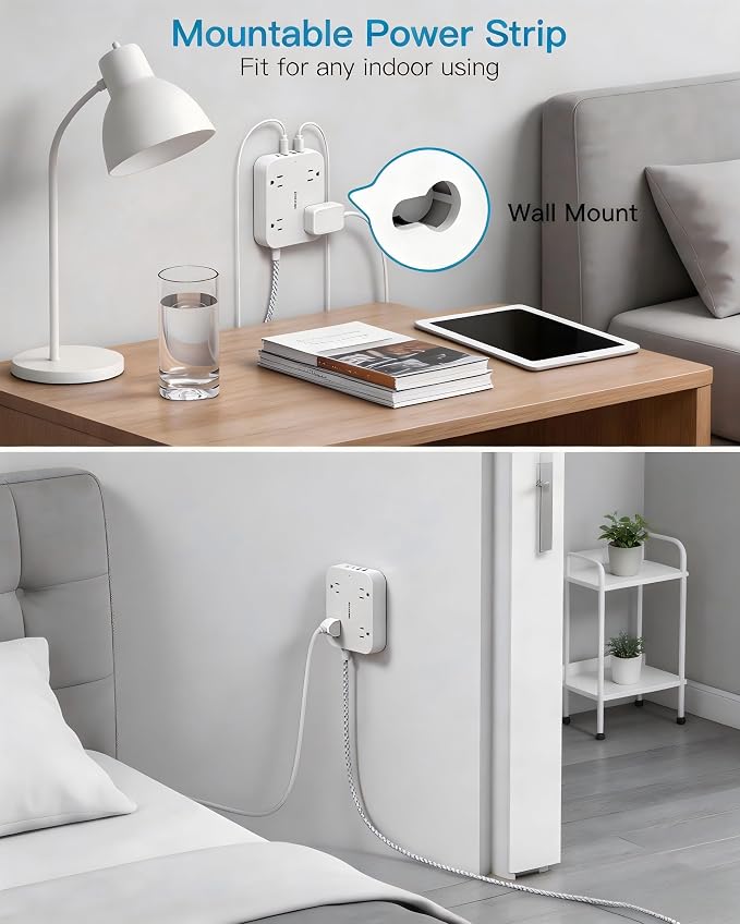 Surge Protector Power Strip, HANYCONY 10Ft Extension Cord with 4 USB Ports(2 USB C), 4 Widely Outlets Extender, Wall Mount, Desk Charging Station for Office School College Dorm Room Essentials