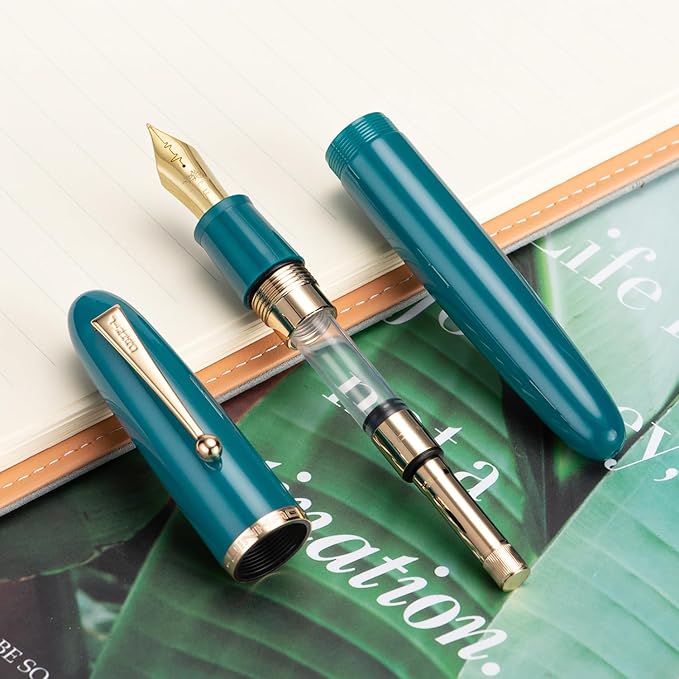 Jinhao 9019 DaDao Series Fountain Pen, Size 8 Medium Heartbeat Nib with Large Ink Converter, Lake Blue Acrylic Design Smooth Writing Pen (Gold Trim)