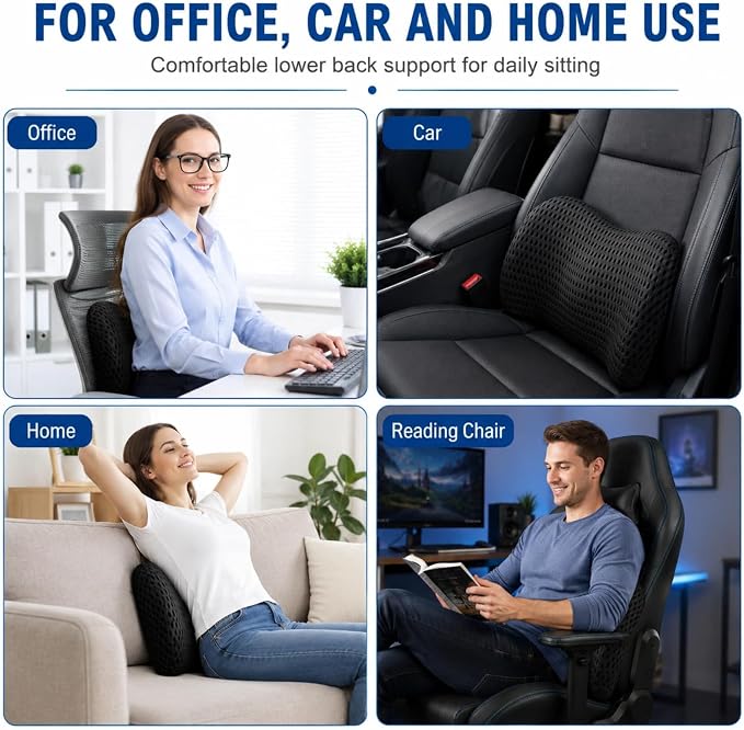 Lumbar Support Pillow for Office Chair – Ergonomic Memory Foam Lower Back Cushion with Breathable 4D Mesh & Adjustable Strap, Back Support for Car Seat, Desk Chair & Gaming Chair