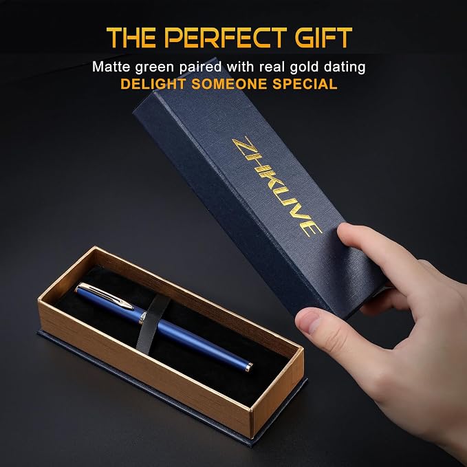 ZHKUVE Luxury Rollerball Pen, Stunning Blue Lacquer with 24K Gold Trim, Switzerland Tip with Black Ink Refills, Elegant Gift Set for Men & Women, Executive Writing