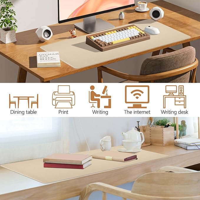 Beige Leather Desk Pad, Desk Matt for Desktop, Large Non-Slip Keyboard and Mouse Pad, Waterproof Computer Desks Protector Mat,35.4" x 17"