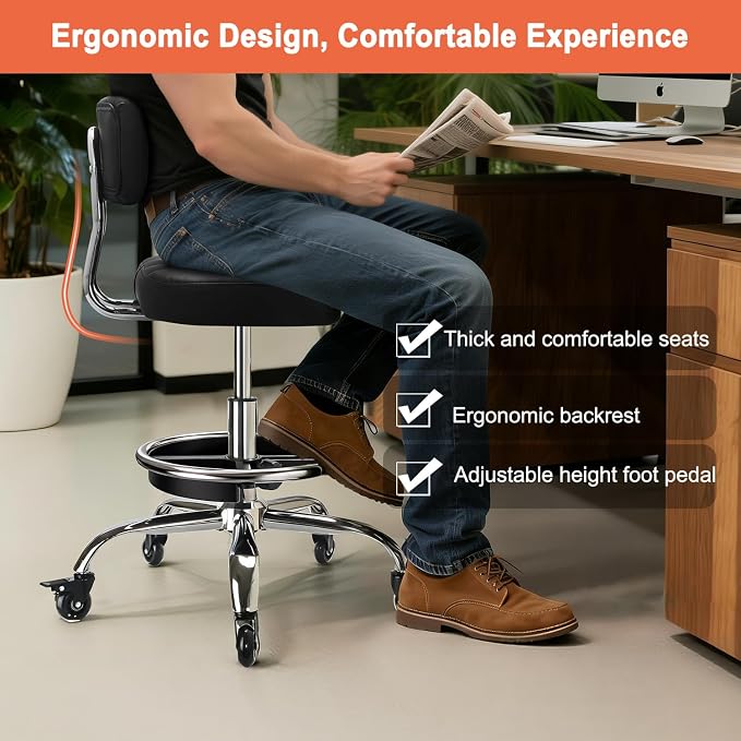 Garage Mechanic Stool with Backrest, Height Adjustable Heavy Duty Swivel Task Chair, Rolling Workshop Stool with Tool Tray Storage, Mechanic Chair for Garage, Shop, Auto Repair (Black)