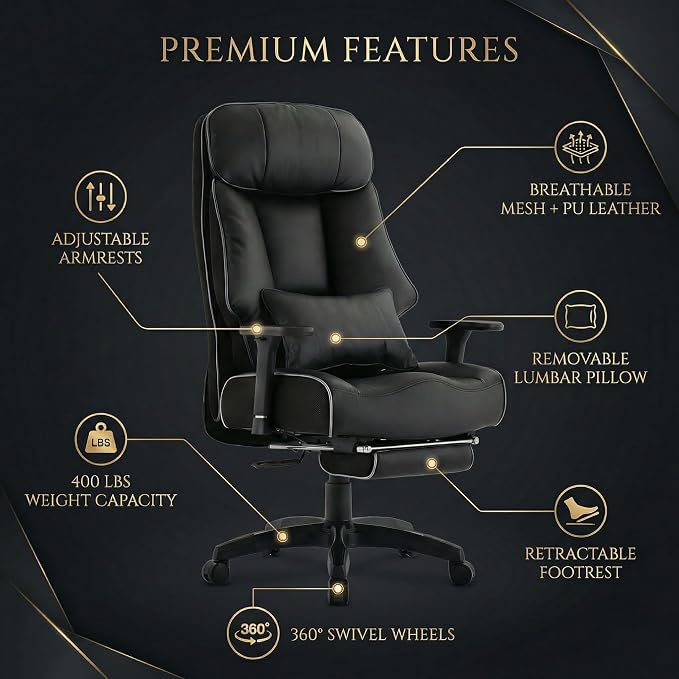 Big and Tall Office Chair 400lbs, Premium PU Leather Executive Chair with Extra Wide Saddle Seat for Cross Legged, 3D Armrests, Footrest, Heavy Duty Ergonomic Reclining Desk Chair (Black)