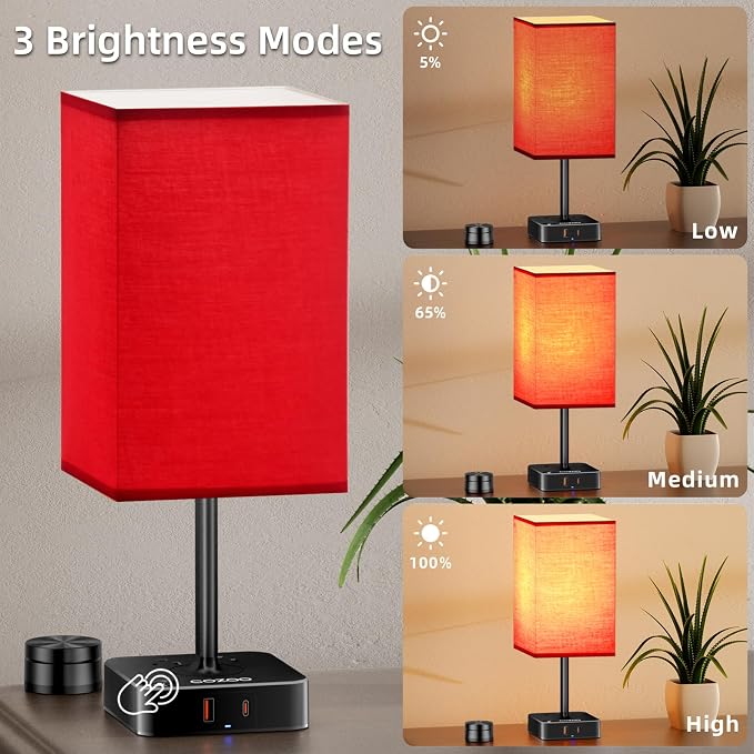 cozoo Bedside Table Lamp for Bedroom, 3 Way Dimmable & Remote Control Stepless Dimming Touch Nightstand Lamp, 2 USB Ports and 2 AC Outlets, Small Desk Light for Living Room, Bed, Study, Red