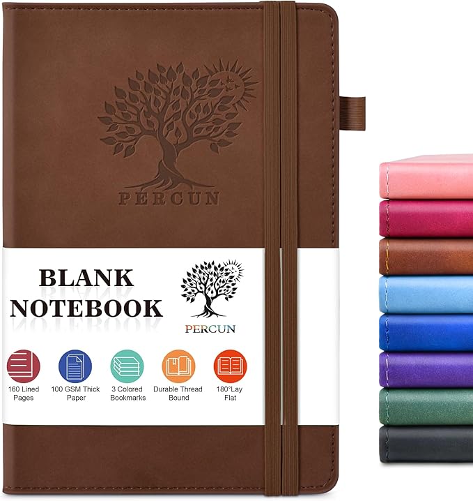 PERCUN Blank Journal Ntebook for Men & Women, 160 Pages Leather Journals for Writing, Drawing Sketch Book,5.9" x 8.5" Hardcover Sketchbook, Unlined Notebooks for Work, School, Art (Brown)