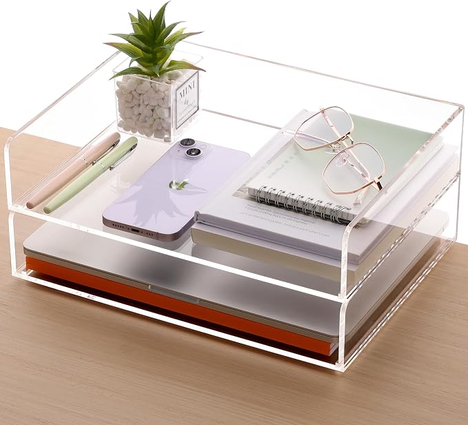SANRUI Acrylic Paper Tray Organizer for Desk,Desk Organizers and Accessories,2 Pack Stackable Paper Organizer for Letter,Documents,Books,Magazines Crystal-Clear File Organizer