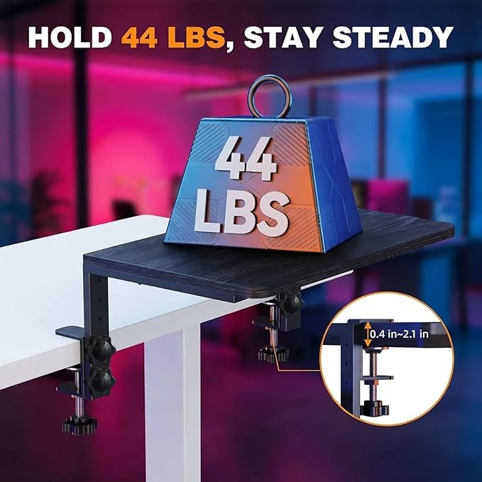 Clamp-On Desk Extender, 15 x 9.5 Inch Monitor Riser | Height options, No-drill setup, 3-in-1 use, 44 lb load, Office station, Gaming area, Black finish