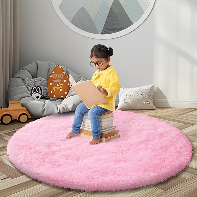 Super Soft Circle Rugs for Girls Princess Castle Toddlers Play Tent 3 Diameter Circular Area Rugs for Bedroom Home Decor Round Shag Playhouse Carpets(Φ3, Pink)