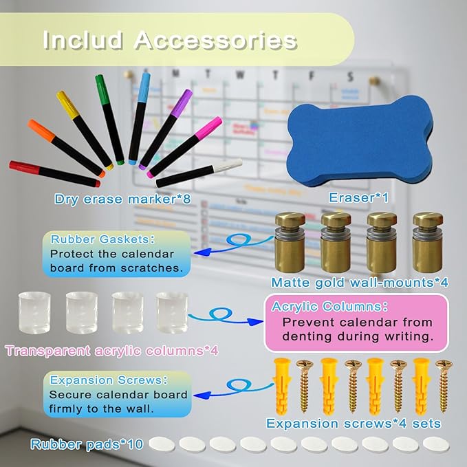 IJIJIJ- 24×16” Clear Acrylic Calendar for Wall, Acrylic Wall Calendar Dry Erase Board, Reusable Monthly Whiteboard, Family Planner for Wall with 8-Color Markers, Perfect for Home, Office & Classroom