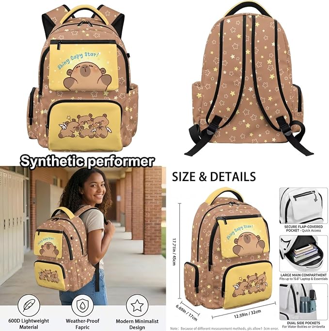 WELLFLYHOM Capybara Stars Bookbag for Girls 8-12 4 PCS School Backpack Set Kids Book Bag with Lunch Box Pencil Case Water Bottle Sleeve Back to School Supplies Gift for Kids