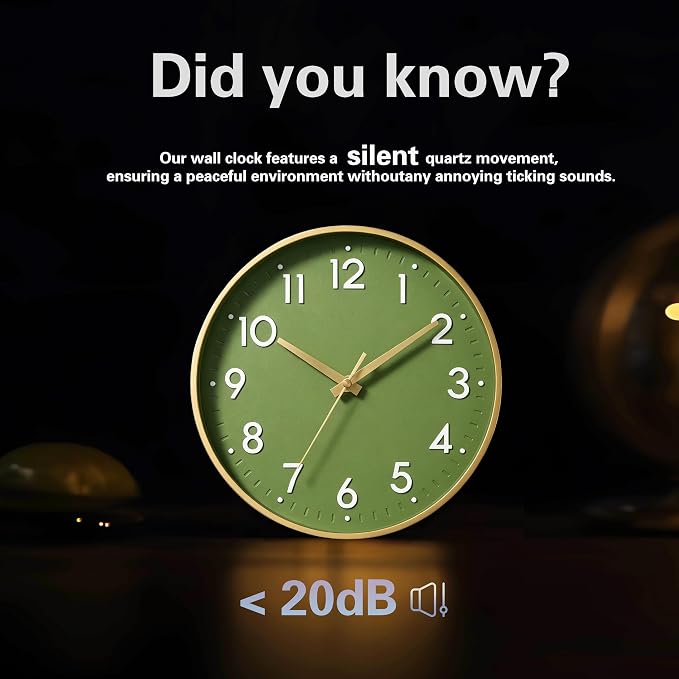 Mosewa 12 Inch Wall Clock Battery Operated Silent Non Ticking Analog | Olive green & gold modern clock; oversized 3D easy-read dial for kitchen, bedroom & office; 1 AA battery (not included)