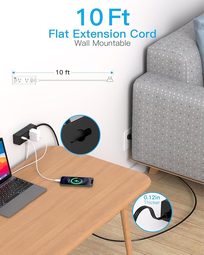 10Ft Extension Cord with Multiple Outlets, Flat Plug Power Strip Surge Protector with 10 Ft Long Cord, 6 Outlet 3 USB Ports (2 USB C), Multi Outlet Wall Plug for Travel, Dorm Room Essentials-Black