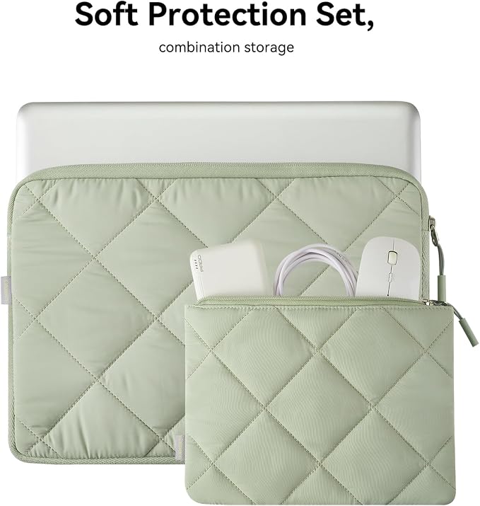 LANDICI Puffy Laptop Sleeve for 13-13.6 inch MacBook Air M3/A3113, M2/A2681 M1/A2337, MacBook Pro M2 M1/A2338, iPad Pro 12.9, Laptop Carrying Case with Accessories Pouch, Green