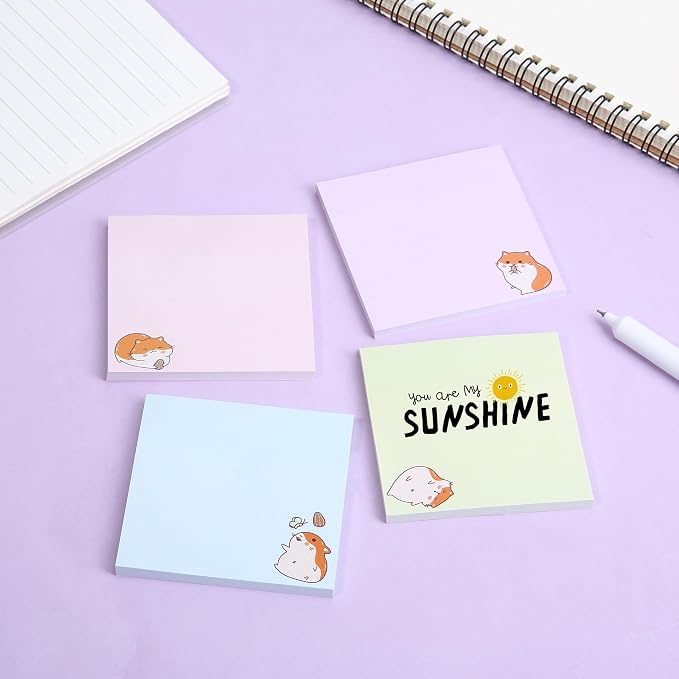 Mr. Pen- Aesthetic Sticky Notes, 3"x3", 8 Pads, 400 Sheets, 4 Designs | Tiny Hamster Sticky Notes, Self-Stick Note Pads Aesthetic, Perfect for Office, School, Home, Study & Organization