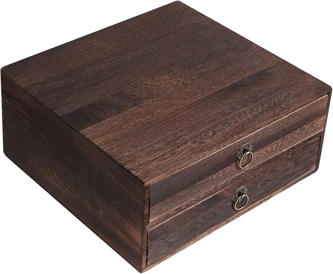 Cabilock Wooden Desktop Drawer Organizer Vintage Wood Box with Drawer Retro Desk Storage Box with Pull Ring for Office Supplies Home Desk Accessories 10.03 X 9.64 X 4.33 in
