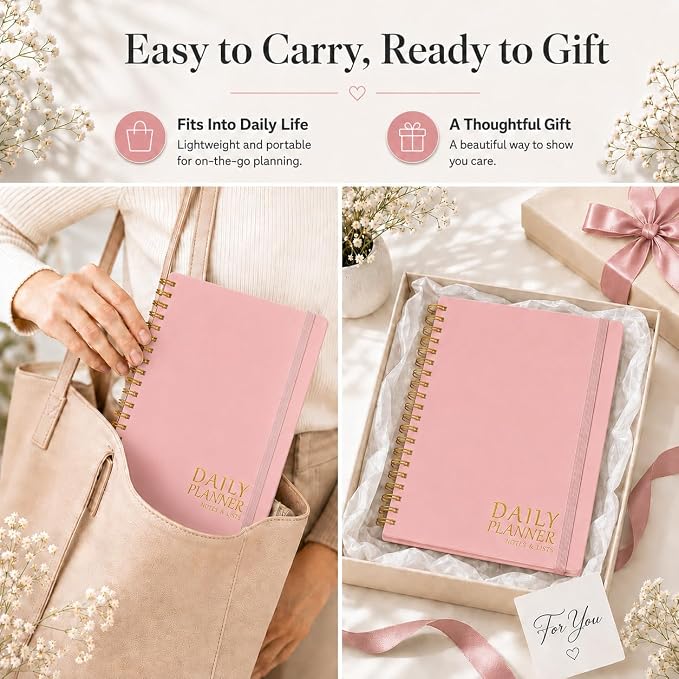 Daily Planner with Hourly Schedules - Undated To Do List Notebook, Spiral Bound, 5.5" x 8.5", Manage Your Tasks and Appointments, The Perfect Office Supplies for Women - Pink