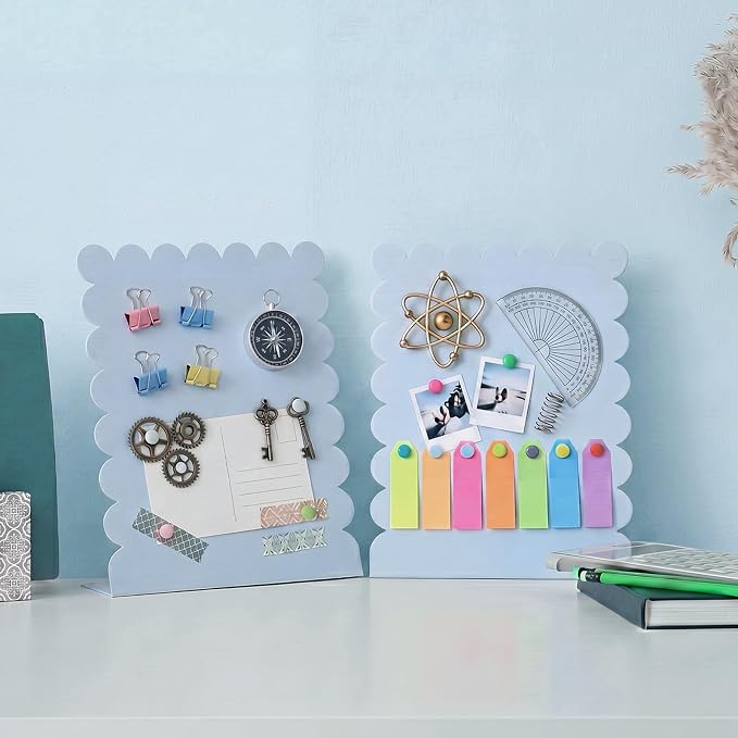 Gueevin 2 Pcs Magnet Board Standing Magnetic Metal Board for Desk and Wall Scalloped Magnetic Display Stand for Memos Photos and Documents Home Office School Desk Storage Decoration(Blue,Medium)