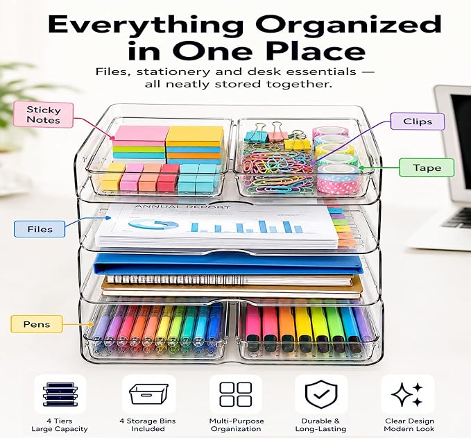 DCA 4 Tier Desk Organizer, Clear Paper Tray with 4 Storage Bins | Stackable Letter Tray | Modular Storage System | Office, Home & School | Large Capacity