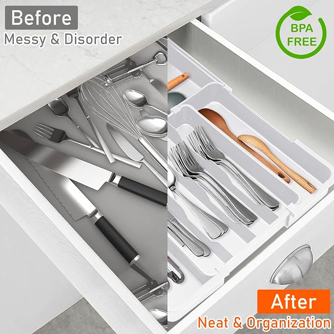 Silverware Drawer Organizer, Adjustable Utensil Tray for Kitchen Drawer, 19 x 15 Inches Flatware and Cutlery Holder, Expandable Plastic Storage for Spoons Forks Knives, 4-7 Slots, White