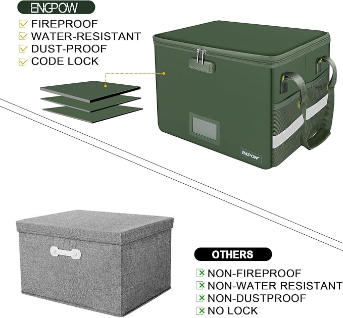 ENGPOW File Box with Lock, Fireproof Document Box with Zipper Lid, Collapsible File Storage Organizer Filing Cabinet with Handle, Portable Home Office Safe for Hanging Letter/Legal Folders, Green