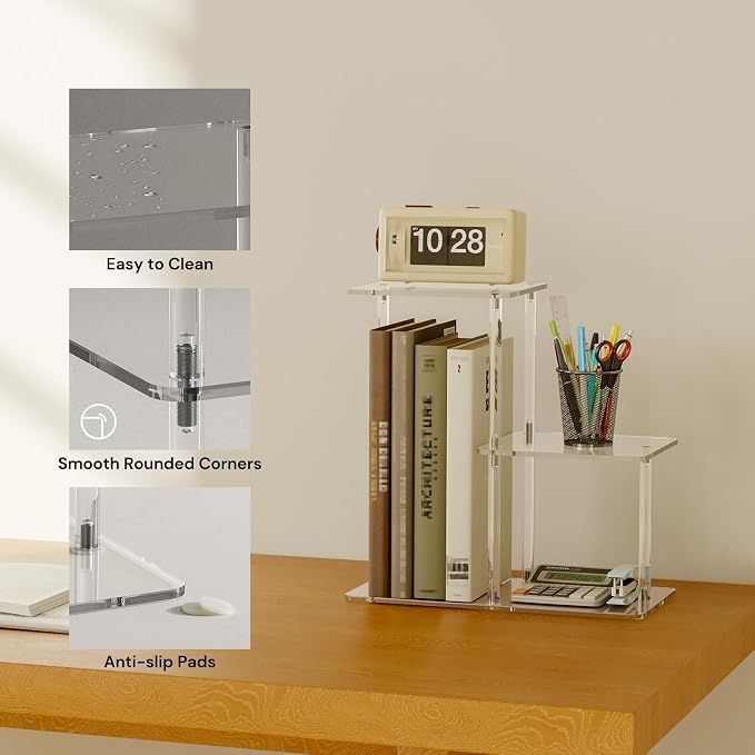 Acrylic Desktop Bookshelf, 7.9" D x 15" W x 15.3" H, Small Desktop Shelves Organizer, 3-Tier Clear Mini Table Top Shelf for Office Supplies and Desk Accessories, Easy Assembly