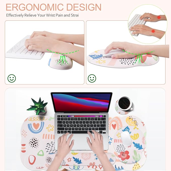 Petmolico Desk Pad Set with Wrist Rest for Keyboard & Mouse, Colorful | Anti-slip PU base, durable Lycra & memory foam, relieves wrist fatigue, perfect for work, home & daily use