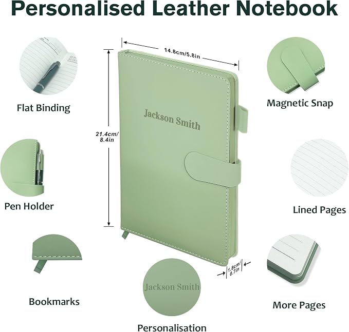 Personalized Notebook with Pen and Gift Box, Custom Text Leather Journal, Gifts for Women Men, Engraved Journals To Write In, Birthday, Best Friend, Mom, Sister, Corporate, Business Gift (Text-Green)