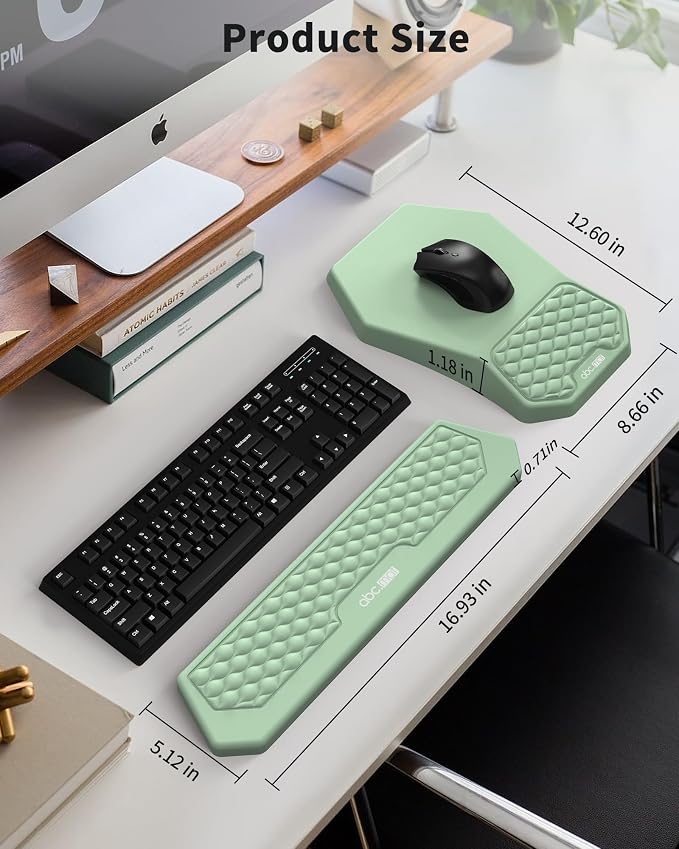 Ergonomic Mouse Pad and Keyboard Wrist Rest Support Set, Massage Design Mousepad for Carpal Tunnel Pain Relief, Memory Foam, Non-Slip PU Base for Computer Desk, Green