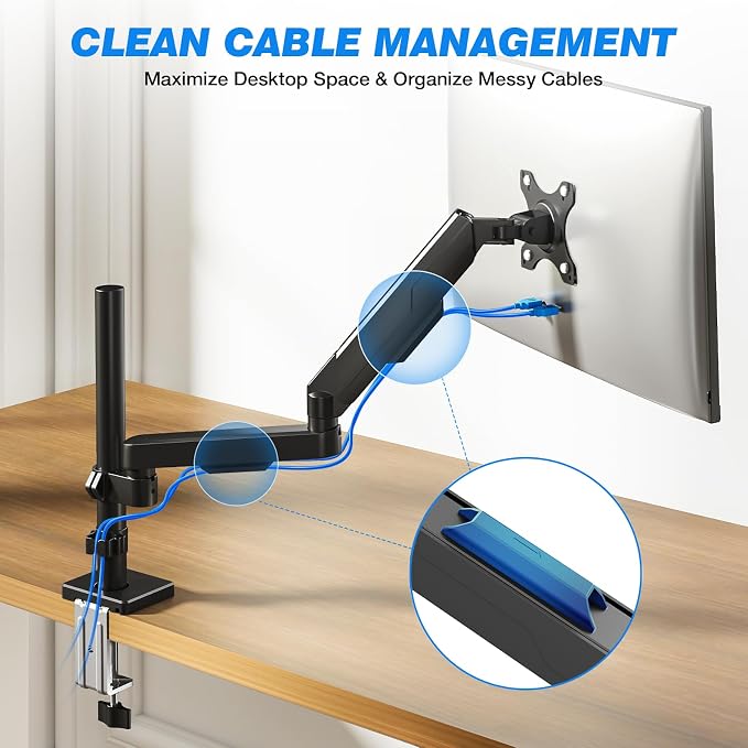 Single Monitor Arm Desk Mount for 17-34" Screens, VESA Stand Holds 22 lbs | Full-motion Adjustability, +90 to -45° Tilt, 180 Swivel, 360 Rotation, Standard 75x75mm and 100x100mm Compatible