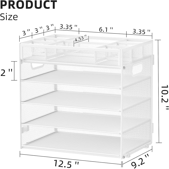 Marbrasse 5 Tier Paper Organizer, Mesh Desk Letter Tray with Handle,White | Paper Sorter Desk Organizer for Letter/A4 Office File Folder Holder Home Office Supplies