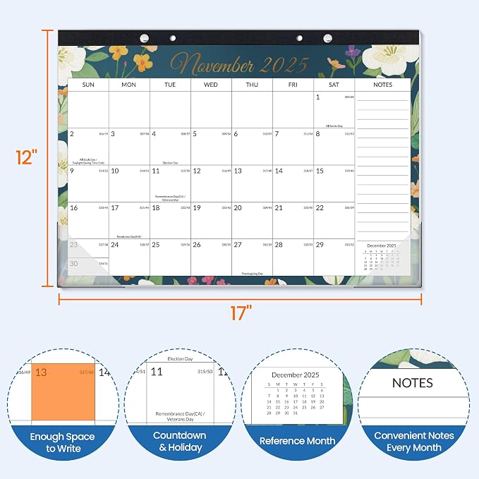 SUNEE Desk Calendar 2026-18 Month Calendar Oct 2025 - Mar 2027, 17" x 12" Calendar 2026 with Notes, for Planning, Organizing in Family, School or Office - Colorful Floral 2026 Calendar