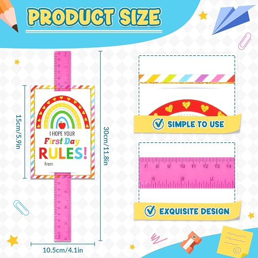 50 Sets Back to School Gifts Plastic Rulers with Inspirational Cards 12 Inch Transparent Assorted Color Ruler with Centimeters and Inches Gifts for First Day Student Classroom Prize School Supplies