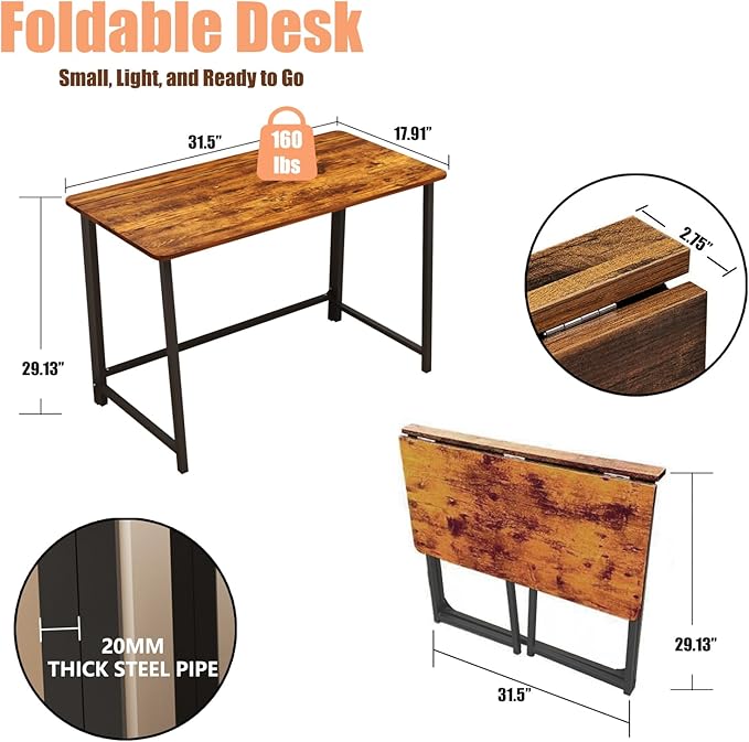 31.5" Folding Desk for Small Spaces, Foldable Computer Table for Home Office, Study,Bedroom,Dorm,Craft, Space Saving,Small Writing Work Office Compact Computer Desk,Easy Assembly,Rustic Brown