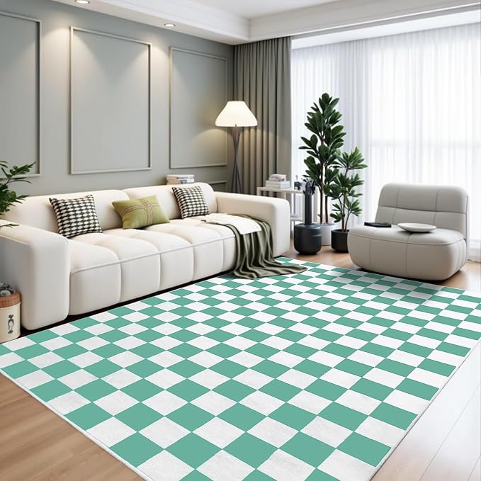 Terrug Green and White Checkered Rug for Bedroom,3x5 Area Rugs Washable with Non Slip for Living Room,Soft Low Pile Stain Resistance Retro Carpet for Dorm Kids Room