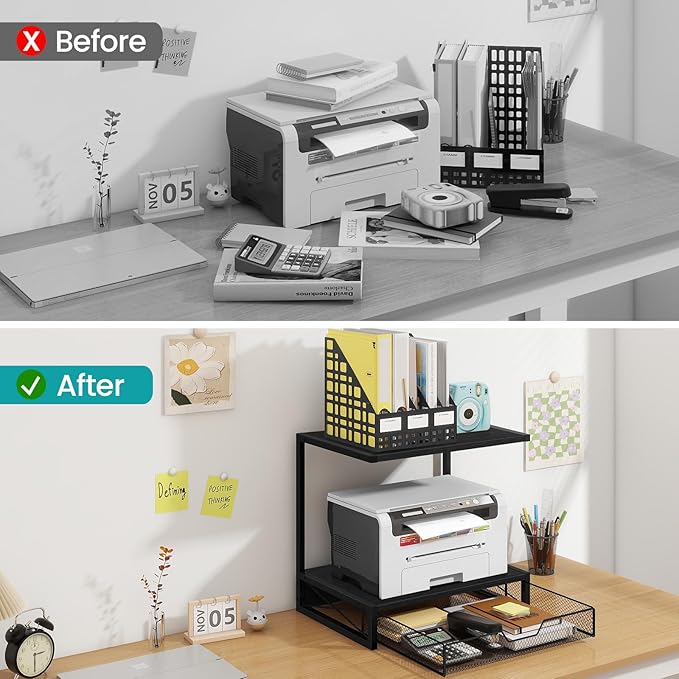 ELITEROO 2-Tier Printer Shelf with Drawers, Wooden Desk Shelf for Printer | Small Printers Shelf for Office Supplies, Desktop Storage Rack for Books, Folders, Scanner, Fax Machine, 3D Printer, Black