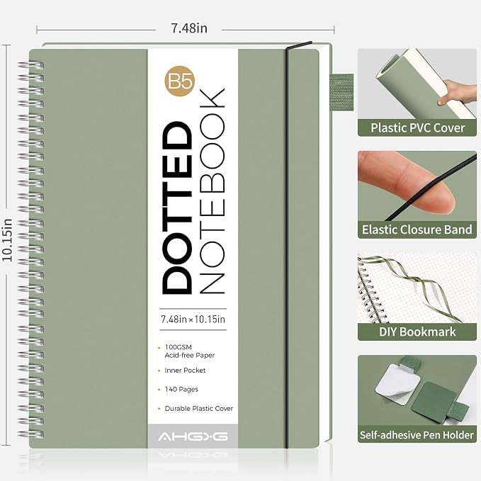 AHGXG Dotted Journal - Dot Grid Spiral Notebook B5, 140 Pages, 100 GSM Thick Paper, Waterproof Plastic Cover Journals for Bullet Journaling, Sketching, 7.6" x 10", Sage Green