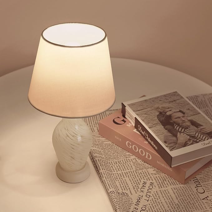 ONEWISH Modern Table Lamp-Small Bedside Nightstand Lamp with Wine Bottle Shape Glass Body, Desk Lamp for Reading, 3000K Bulb Included, 14", White
